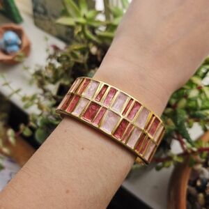 Vintage Gold Pink & Red Enamel Chunky Oversized Bracelet